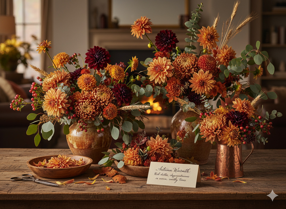 Autumn floral arrangements with warm tones