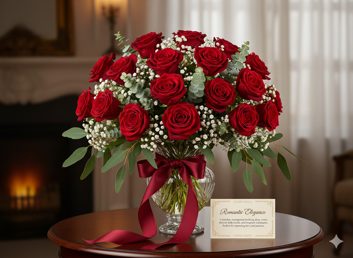 Romantic rose bouquet with eucalyptus